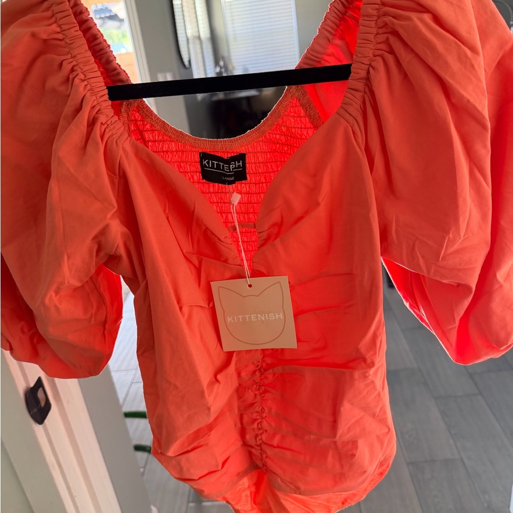 Kittenish Bright Coral Puff Sleeve Blouse